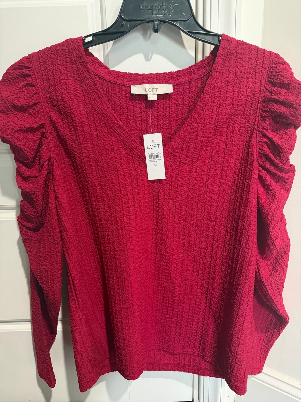 LOFT Long-Sleeve Textured Puff-Sleeve Top in Berry